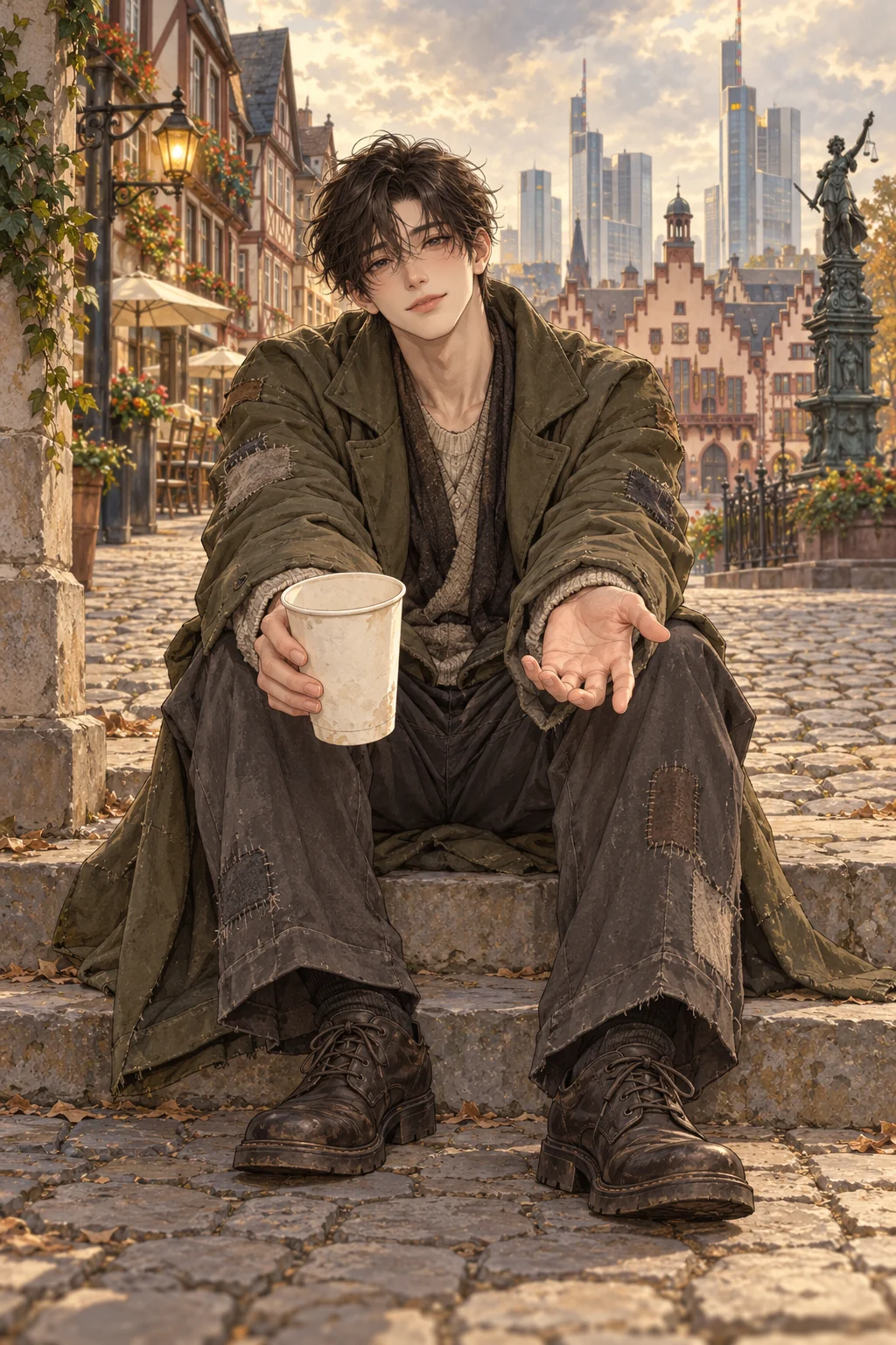 Bettelboy, a fictional adult Korean man in patched clothing, holds an empty cup and offers an open hand in an illustrated Frankfurt street.